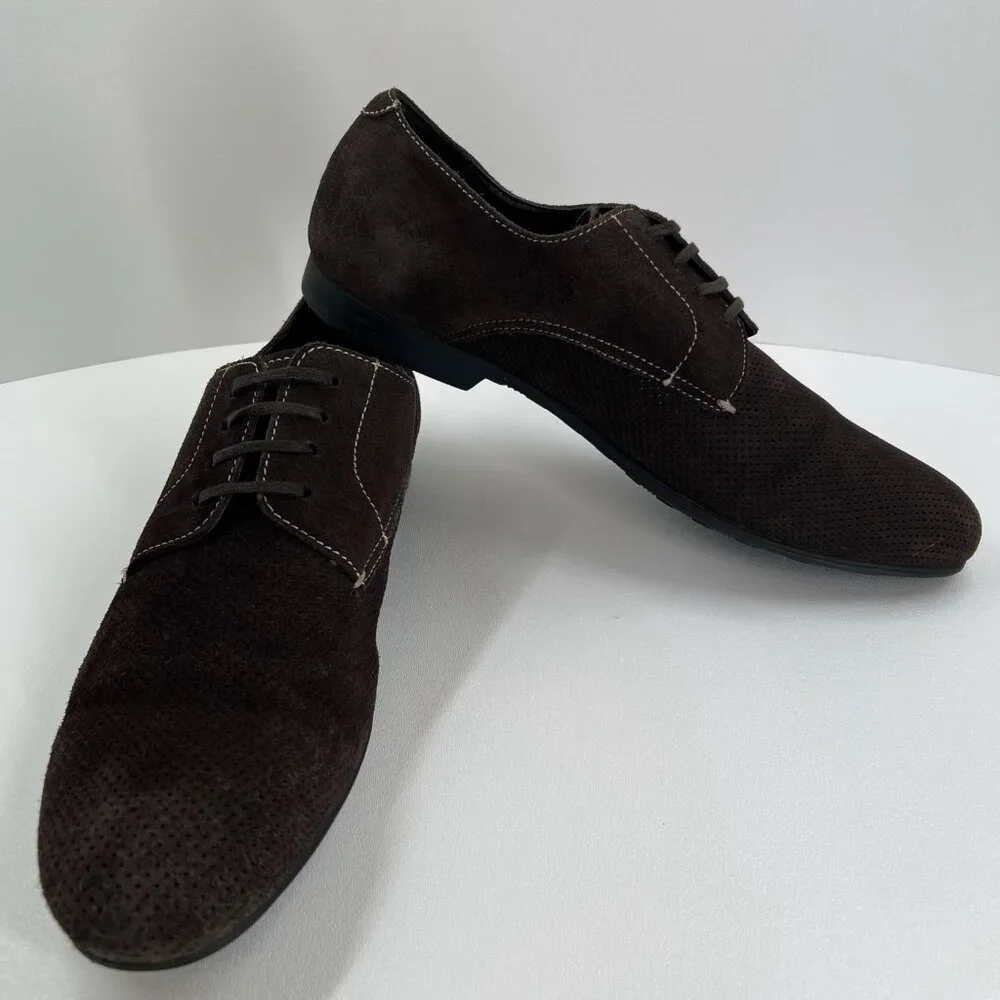 Bugatchi Suede Perforated Derby Dress Shoes Mens 10 Lace Up Casual Leather Brown